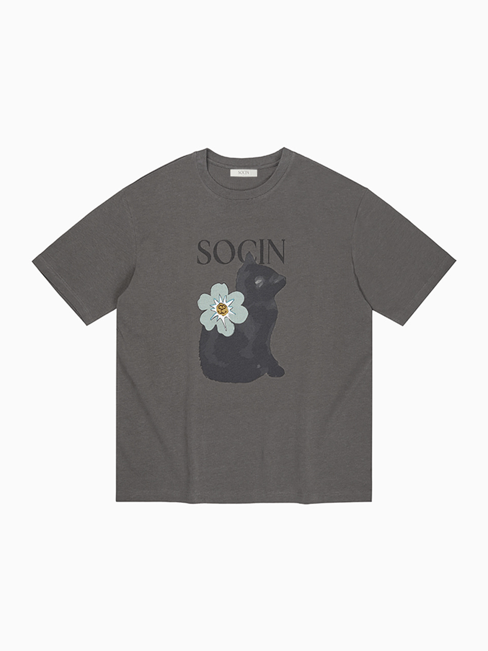 Flower Cat Printed Half T-shirts (Charcoal)