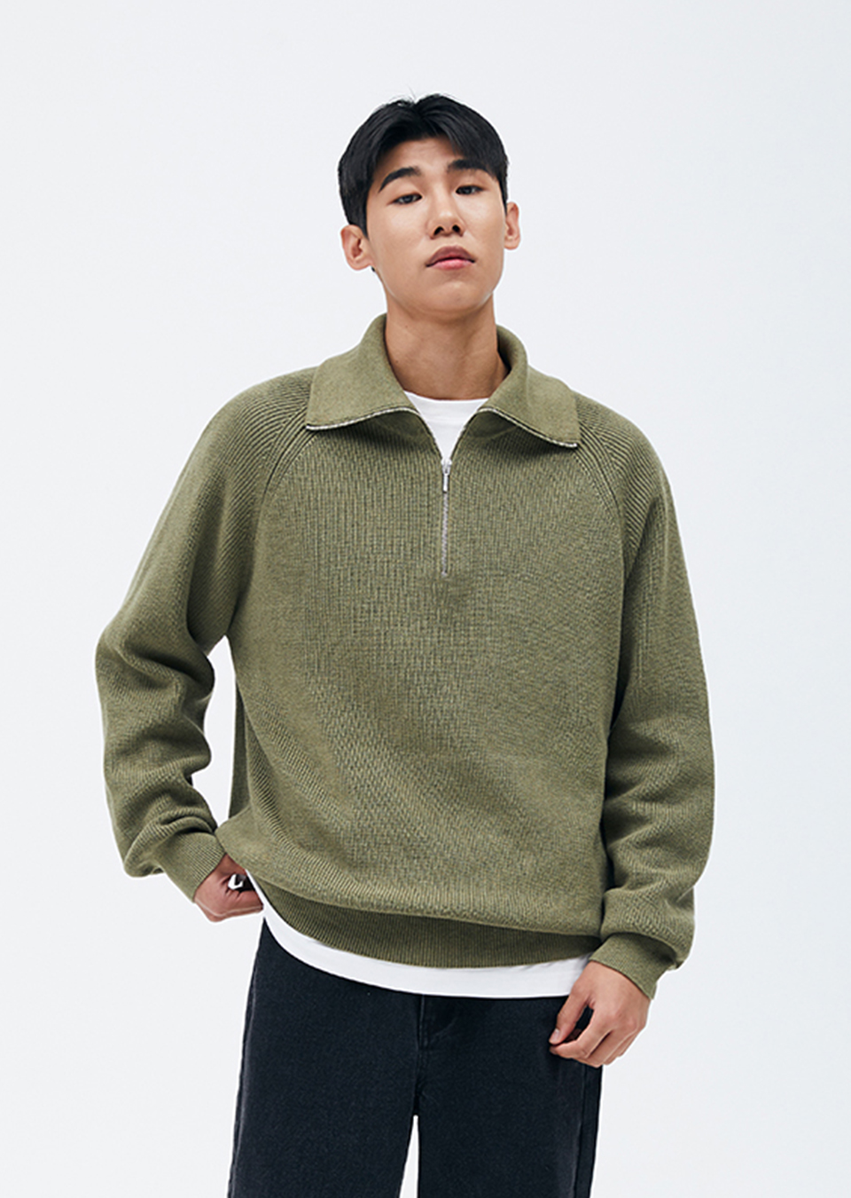 Fine Cotton cover zip Knit (OLIVE GREEN)