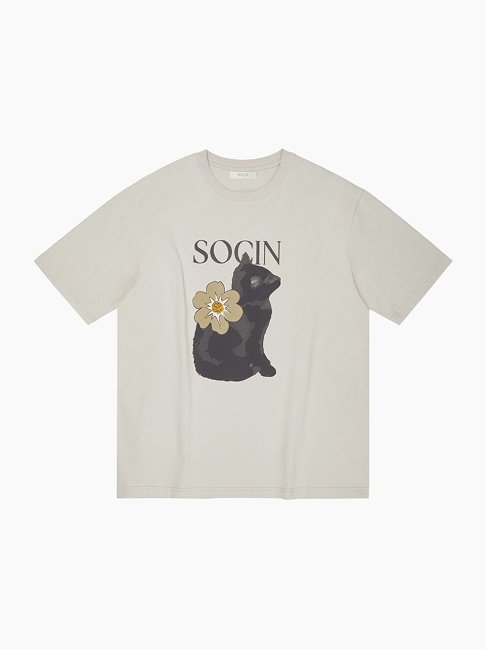 Flower Cat Printed Half T-shirts (Beige)
